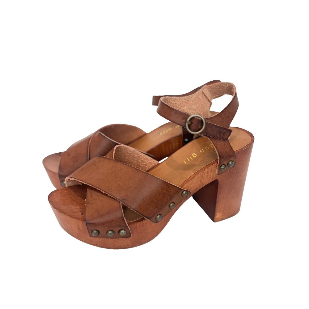 Madden Girl Women's 6 Brown Studded Wooden Platform Chunky Heel Ankle Sandals